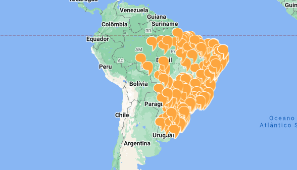 mapa do Brasil mostrando os pontos que o Instituto Mix tem escola