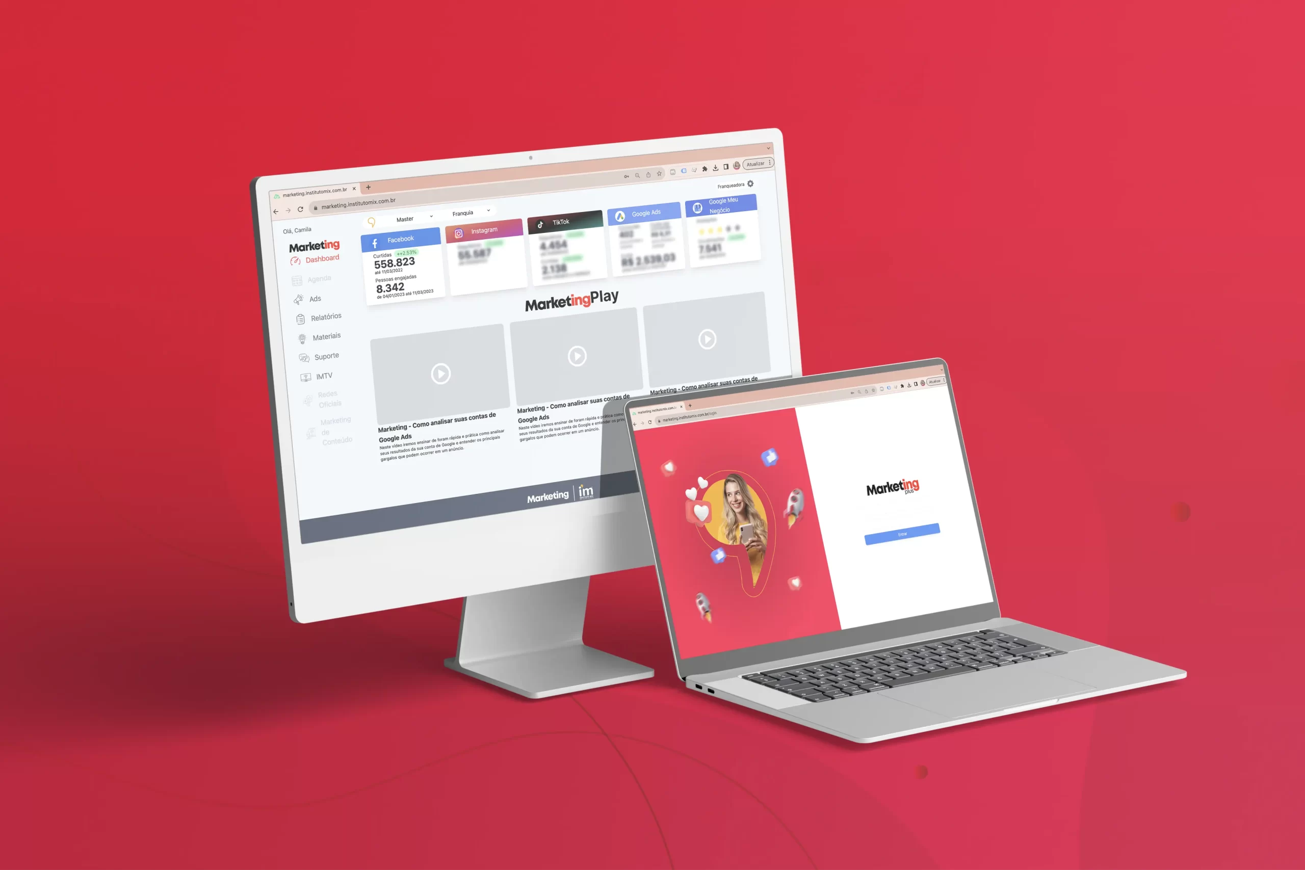 simulação da ferramenta Marketing Plus em uma tela de computador e notebook