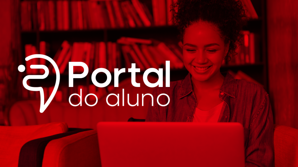 um fundo vermelho escrito portal do aluno e uma pessoa feliz no computador